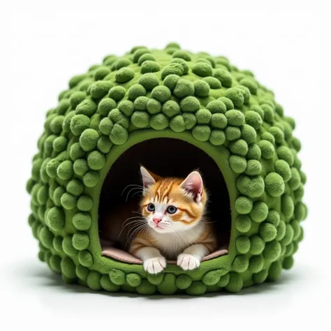 cat house in the shape of a bush figure, the surface of the house is in a poly-textured style and in green colors. inside the house there is a kitten and feels comfortable there. the whole is on a white background.