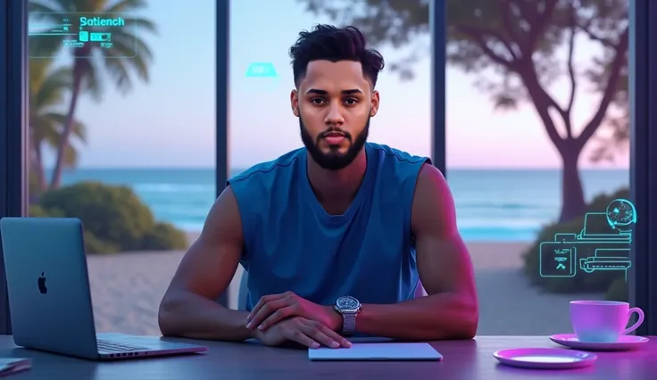 (Office on the beach)), (( huge floor-to-ceiling windows )), (( landscape with trees )), (( holographic user interface displays )), (( ambient neon lighting in purple and cyan )), (( Successful young man )), ((black face mask)),  25 years old , (( athletic...