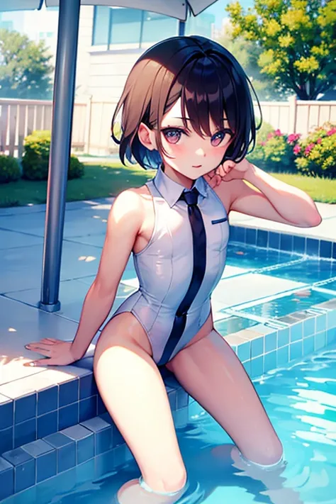 teenage boy wearing plain tunic and spats, on the poolside, (beautiful detail eyes), (soft+cute), ((best quality)), ((masterpiece))