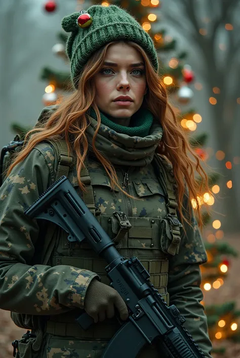 A beautiful woman in a Christmas tree costume with a gun on her shoulder and a military backpack walks forward.