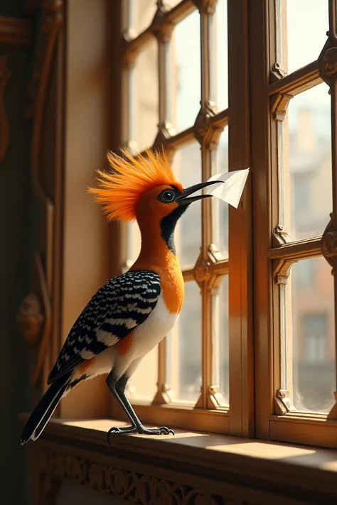 A letter hanging in a beak of hoopoe
On palace window