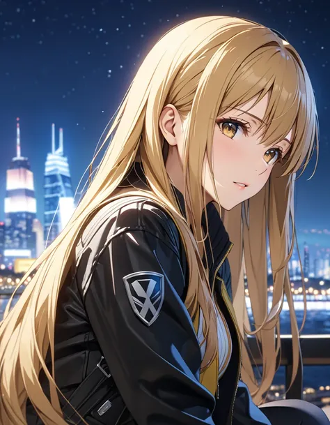 (Lonely Traveler:1.5), night, ( Yukiko Aikina_ sword art online ), Blonde,  long hair, masterpiece, highest quality, UHD, retina, masterpiece, accurate anatomy, textured skin, super detailed, high quality, best quality,  highres icon, 8k