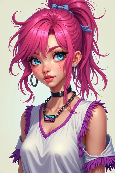  Create illustration The 19-year-old girl has freckles on her face, blue eyes,  and long tacky pink hair he tied up in a messy bun .  He wore a white shirt with thin sleeves and purple fringe , pixel love necklace , in the style of 8-bit gaming pixels. Rea...