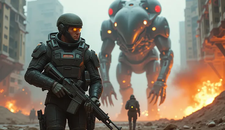 a high-tech alien invasion, a military officer in combat gear, futuristic weapons, explosions, dramatic lighting, cinematic composition, intricate details, photorealistic, dramatic shadows, dynamic pose, intense expression, science fiction, mecha, military...