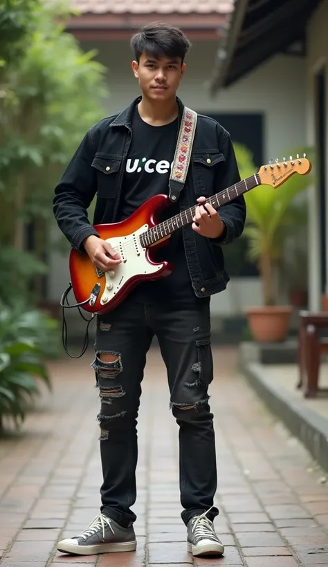  A handsome Indonesian man aged 25 wearing a black t-shirt with the inscription "ucenk " black Levis jacket jeans sneaker . standing in the courtyard while playing guitar .Accurate, Damaged, HD, high details, best quality, 