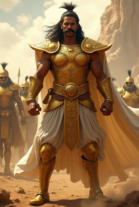 Karna standing on battleground golden armour only moustache white cloth aggressive look