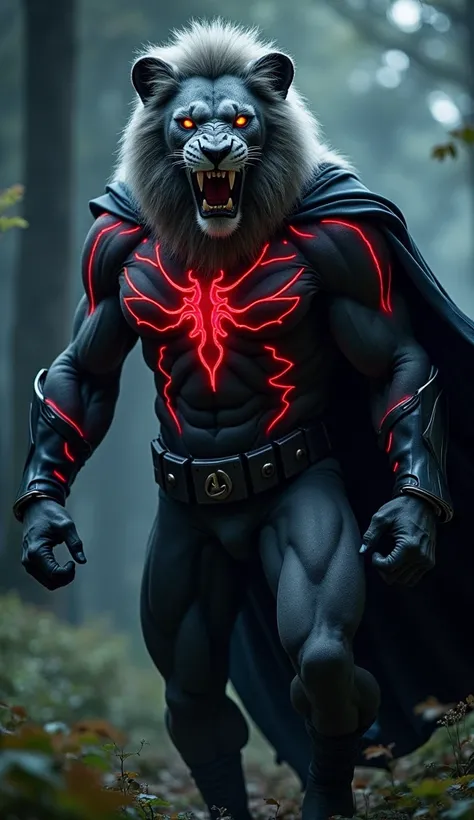 A terrifyingly powerful human-lion hybrid emerges from the shadows of a dense forest, its muscular frame accentuated by the dim glow of moonlight. Its lion-like mane is streaked with silver, blending seamlessly with its human face, which has glowing amber ...