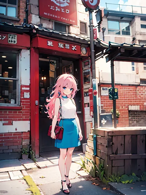 fantasy,1girl,smile,loli,( short),very big breasts,puppet,pale pink color hair,wavy long  hair,blue eyes,small pony tail,mini skirt,(short_lpskirt), slit ,(((sleeveless))),Ladylike,Urban area,