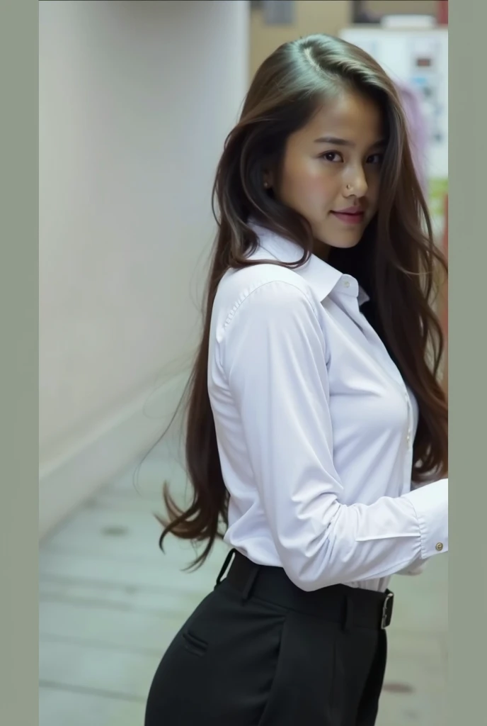 Asian girl in formal white shirt and black pant 