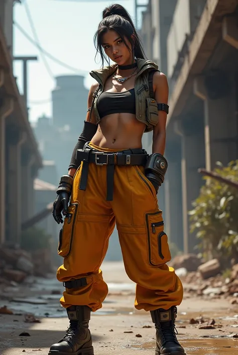 Apex legends loba andrade wearing a pair of baggy pants, a tube top and a vest, while her hair was now in a ponytail.