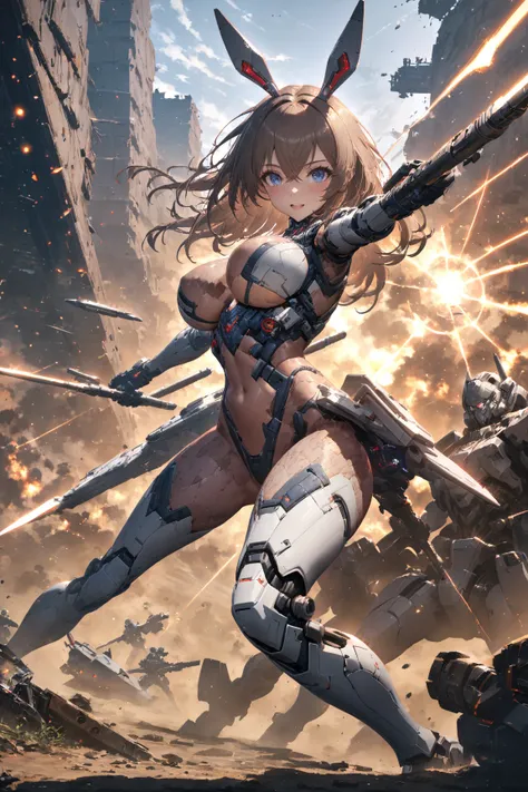 Full body,
(Holding a spear made of green beams:1.4),
(A cool and sexy white exoskeleton with exposed skin:1.1),
exposed skin, 
large breasts, 
(surprised:1.1),
Reddish-brown, 
shoulder-length hair with crossed bangs,
Blue eyes,
Mechanical rabbit ears,
(In...