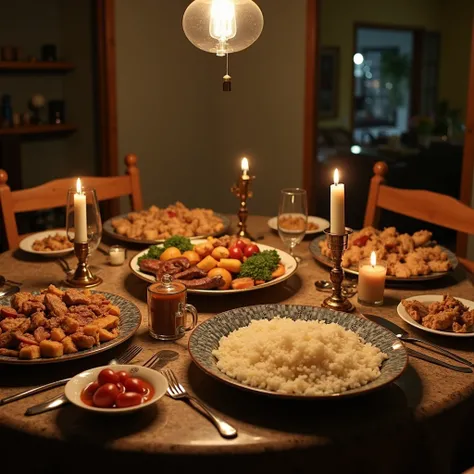 Create a realistic scene of a humble Christmas dinner with food purchased for just 10 reais. The table should feature simple dishes, such as rice, beans, small portions of meat (like chicken or pork), and inexpensive side dishes. The atmosphere should feel...