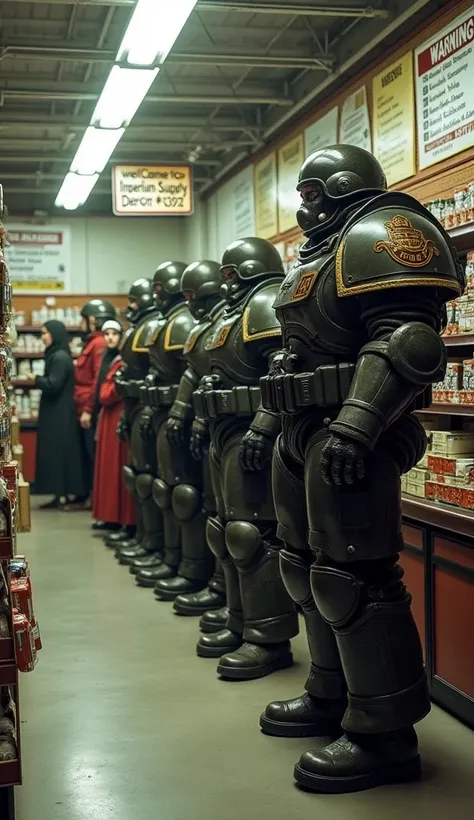 A soldier from Warhammer 40K stands in line at a store alongside other soldiers. The scene is a juxtaposition of the grimdark, futuristic armor and the mundane setting of a store queue.

The Warhammer 40K soldier, clad in his imposing power armor emblazone...