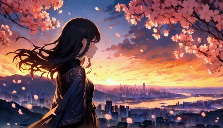 A dramatic anime opening scene showing a young woman standing beside a young man on a hill overlooking a vibrant cityscape at twilight. The woman, with flowing black hair, looks serene yet introspective, dressed in an elegant outfit with subtle traditional...