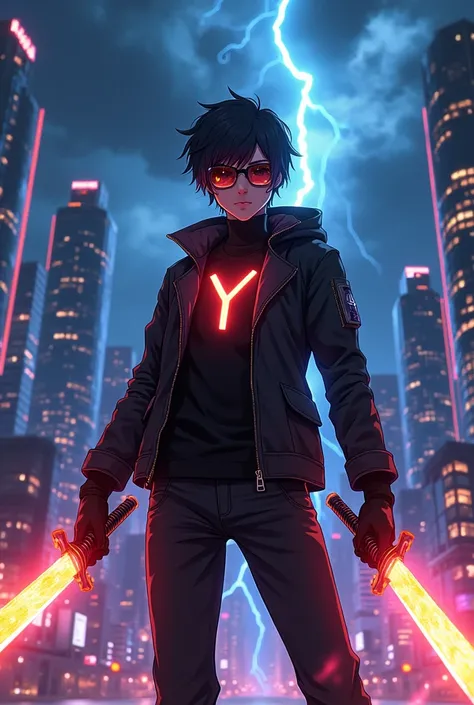 An anime character standing in a futuristic urban setting at night, holding a flaming katana. The character wears a black jacket with a glowing Y on the chest, futuristic sunglasses, and gloves. Lightning crackles in the stormy sky above, with tall skyscra...