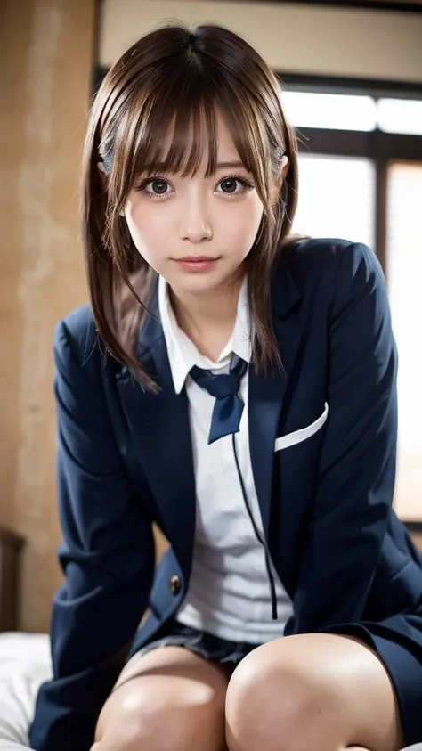 ((masterpiece,  top quality,  high definition ,  Ultra High Definition)),  Japanese Gal ,( realistic :1.4)、 smiles、Embarrassed、 Amazing Face 、Pointed Mouth、 closes her mouth、Glossy Lips 、 shorthair,(Beautiful brown hair:1.5)、 high school uniform ,(Black bl...