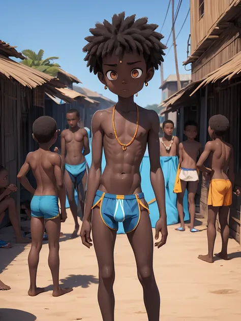 African boy in the slums.thin figure，emaciated figure，A little contouring of the abdominal muscles， skin radiance ，（3D groin），naked, penis, many people， African tribes ，beach background，people come and go，Soaked all over， sweating 