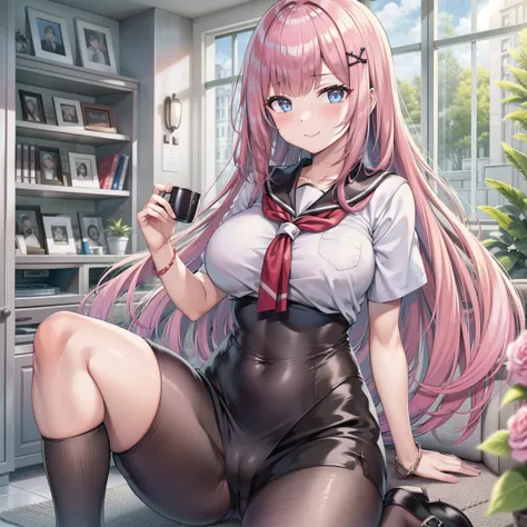   History,  1 girl , Alone,  long hair,  viewers, smile,  Big Breasts ,  blue eyes,   INSTALL HAIR ,  Cube Hair Ornament,Pink Hair,  long hair,  Black footwear, black  skirt, grey  sailor color , pleated  skirt,  sailor color ,  school uniform, shoes, Shor...