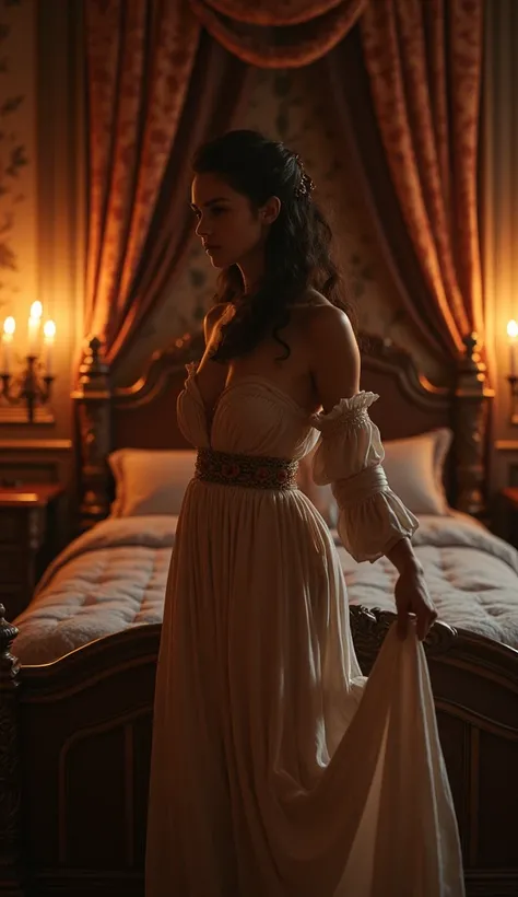 A Renaissance bedroom lit only by candlelight, where the courtesan stands by the bed, her dress slipping off completely. Her confident pose and intense eye contact suggest shes not just a muse but the one in charge of the night.