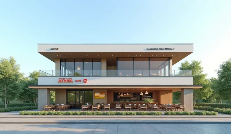 large simple two-tier restaurant ,  on one side KFC and on the other Starbucks without people
