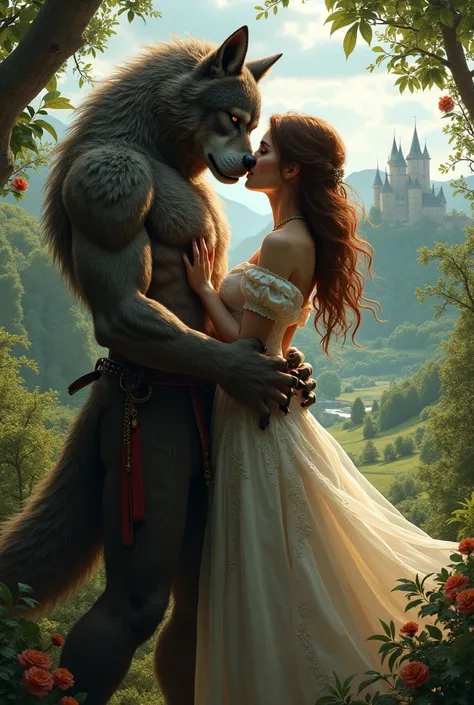 (photorealism:1.2), Reverse harem woman and werewolf man in medieval times romanticizing in novel cover size