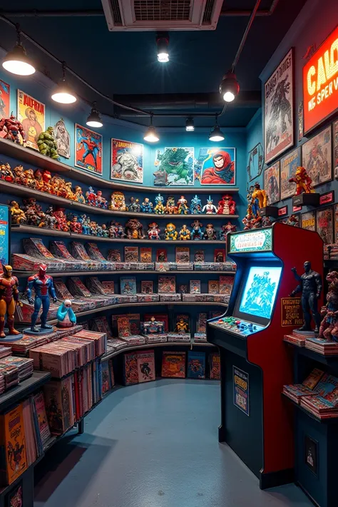  Make a store that sells geek items ,  as action figures ,  Wolverine figures , Iron Man Hulk , batman,  Superman Spider-Man ,  superhero posters on the walls ,  at the bottom of the screen a Street Fighter arcade machine,  place comic books on a shelf . 