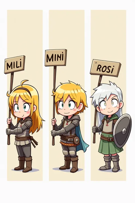 A warrior in a blonde cartoon with a sign that says Mili, a warrior in a blonde cartoon with a sign that says Mimi and a warrior in a white cartoon with a sign that says Rosi.