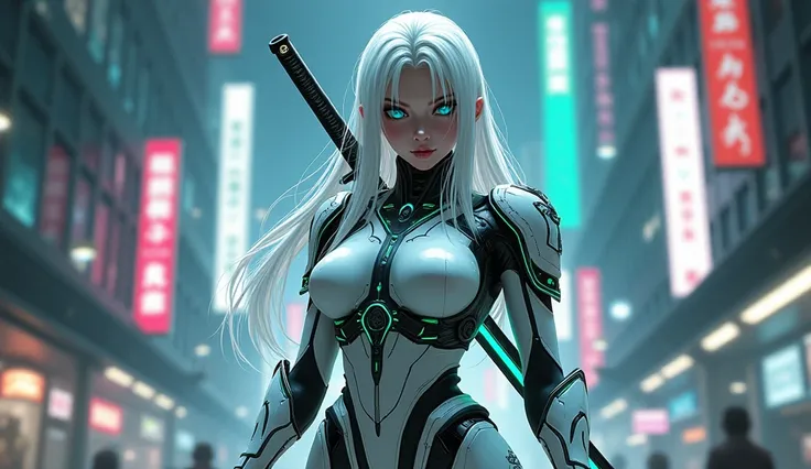 Cyberpunk samurai woman with long white hair and blue eyes. She wears a white sci-fi robotic suit with glowing green accents, holding a katana with a cyan blade. Her second katana is strapped to her back. She has an athletic build and a cyberpunk mask. The...