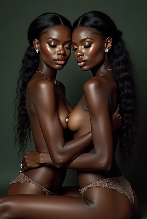 High-end moddeling photography, full-body shot of two naked black models with long pig-tail hair, very slim sweet lovely face with stunning sharp contours, lovely lips kissing, some drps of white fresh creams on their lips. Their pose is leaning against ea...