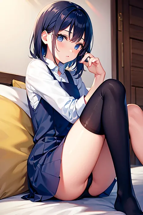 teenage boy wearing plain navy blue tunic and spats, (beautiful detail eyes), (soft+cute), ((best quality)), ((masterpiece))