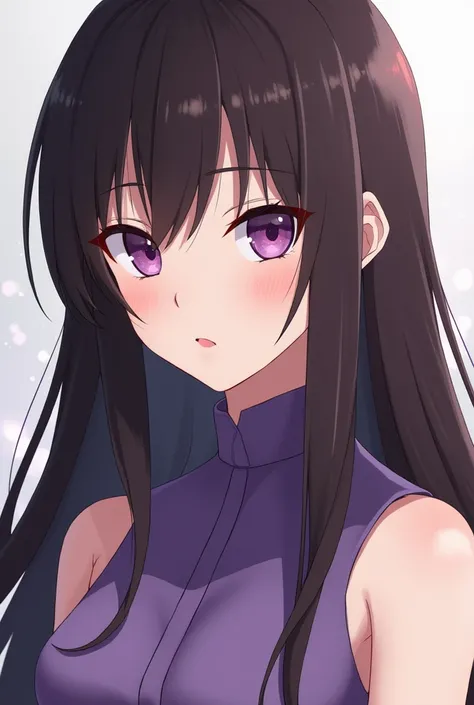 Create a Naruto-style anime girl with dark brown and extremely long hair, eyes with partial heterochromia in violet and pink, pale white skin color and purple sleeveless blouse. 