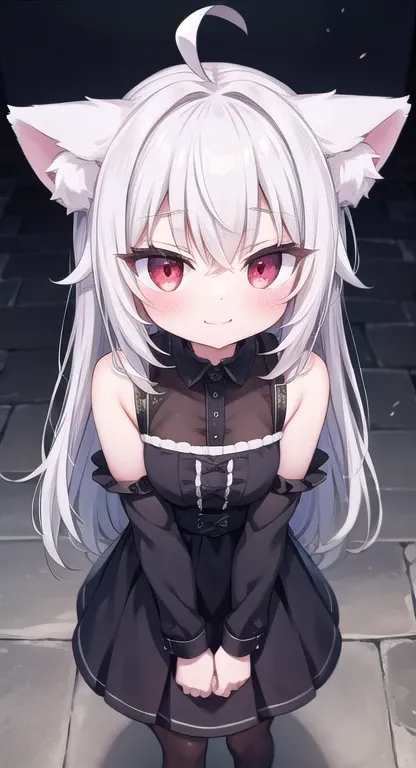 cute fangs, Upper Teeth, cute face, close-up, Standing, whole body, Cat ears, Ahoge, Being looked down upon, smirking ,  dark room, Stone floor, torture, Red eyes, blush