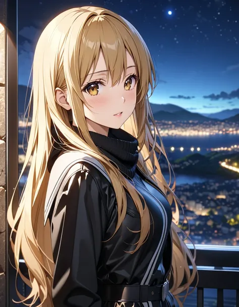 (Lonely Traveler:1.5), night, ( Yukiko Aikina_ sword art online ), Blonde,  long hair, masterpiece, highest quality, UHD, retina, masterpiece, accurate anatomy, textured skin, super detailed, high quality, best quality,  highres icon, 8k