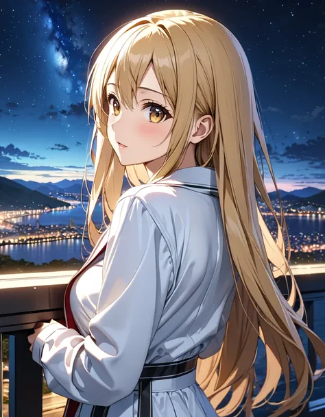 (Lonely Traveler:1.5), night, ( Yukiko Aikina_ sword art online ), Blonde,  long hair, masterpiece, highest quality, UHD, retina, masterpiece, accurate anatomy, textured skin, super detailed, high quality, best quality,  highres icon, 8k