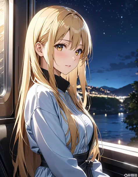 (Lonely Traveler:1.5), night, ( Yukiko Aikina_ sword art online ), Blonde,  long hair, masterpiece, highest quality, UHD, retina, masterpiece, accurate anatomy, textured skin, super detailed, high quality, best quality,  highres icon, 8k