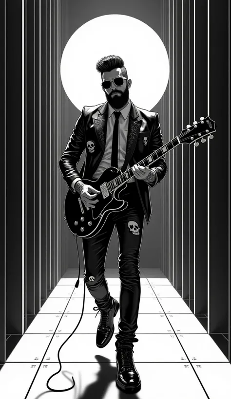 The image features a striking monochrome illustration, predominantly in black and white, depicting a hallway with converging linear and grid patterns that create a three-dimensional perspective. A handsome bearded rocker wearing sunglasses, a stylish black...