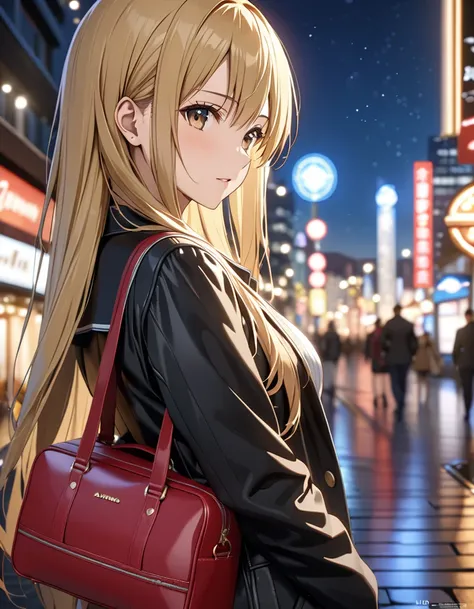 Boston bag, (Lonely Traveler:1.5), night, ( Yukiko Aikina_ sword art online ), Blonde,  long hair, masterpiece, highest quality, UHD, retina, masterpiece, accurate anatomy, textured skin, super detailed, high quality, best quality,  highres icon, 8k