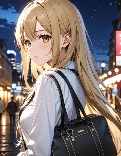 Boston bag, (Lonely Traveler:1.5), night, ( Yukiko Aikina_ sword art online ), Blonde,  long hair, masterpiece, highest quality, UHD, retina, masterpiece, accurate anatomy, textured skin, super detailed, high quality, best quality,  highres icon, 8k