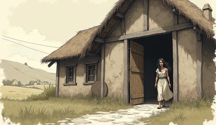 Long hair girl entering a middle ages house facing front sketch