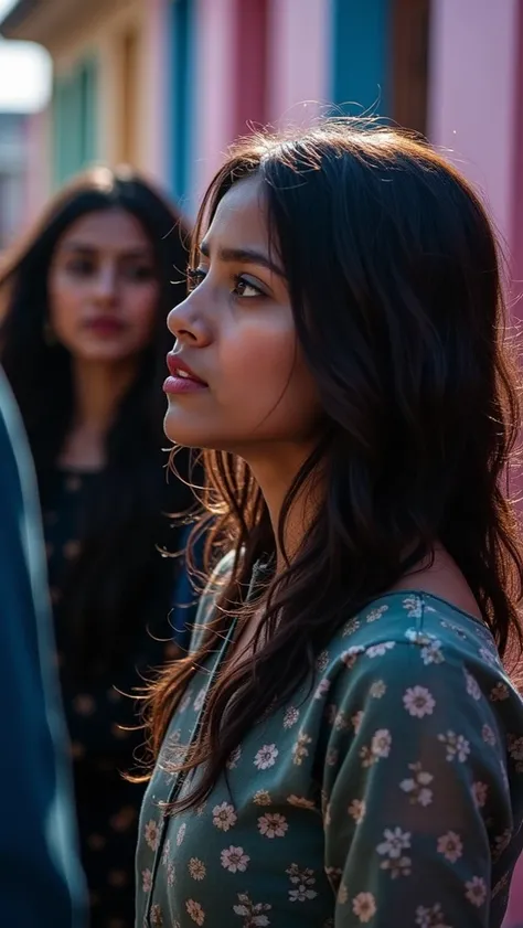 A captivating Bollywood movie poster featuring an young woman , Durga, in a side profile face shot. She is standing outdoors in a vibrant Rae Bareilly street. Durga exudes innocence, beauty, and quiet strength. Her outfit is modern —a flowing kurti and ski...