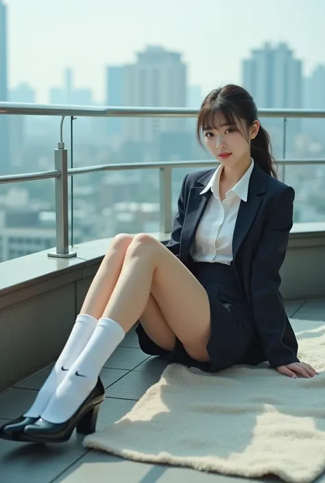 （  photorealism  ：1.2）、   Japanese model in her 20s 39   ;Thick legs、  Female bank employee in uniform    、23 year old beauty、Business Uniforms、 Company rooftop terrace 、 Lying on a deck with a view of the building and taking a nap in large letters   、    ...