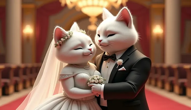 "Create an ultra HD, 3D render a romantic wedding scene featuring two humanoid cats. The charming white bride is wearing a flowing white wedding gown, big boobs with a veil and a floral crown, while the muscular white groom is dressed in a sleek black tuxe...