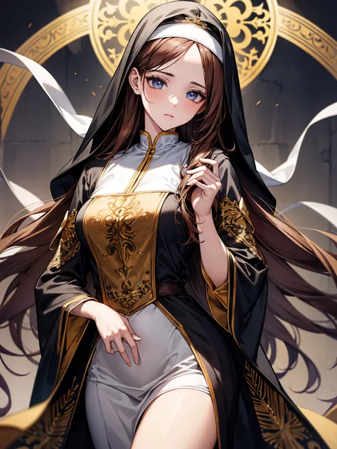 A beautiful young nun with honey-colored eyes that shimmer like crystals, exuding an air of innocence and serenity. She has fair, porcelain-like skin and long, flowing brown hair partially visible beneath her traditional nun’s headdress. Her black cassock ...