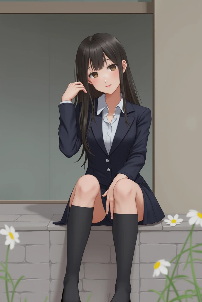 （ photorealism ：1.2）、 Japanese model in her 20s 39 ; thick legs、 Female bank employee in uniform 、23 year old beauty、Business Uniforms、Bend one leg on the grass in the garden、 lying down and taking a nap 、 insert both hands below the knee 。  she has super ...