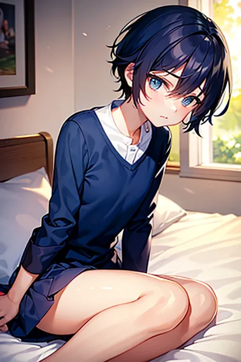 teenage boy wearing plain navy blue tunic and spats, (beautiful detail eyes), (soft+cute), ((best quality)), ((masterpiece))