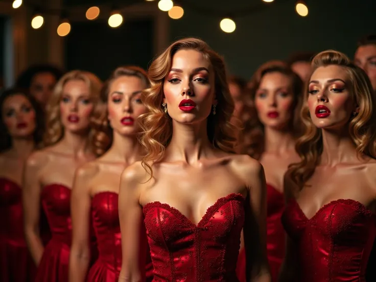 a christmas choir of 15 sexy girls all together singing in burlesque christmas outfits, all 10 in line frontally, focus on all the faces, vintage ooutfits, the camera has the focus on every face, they are all in line