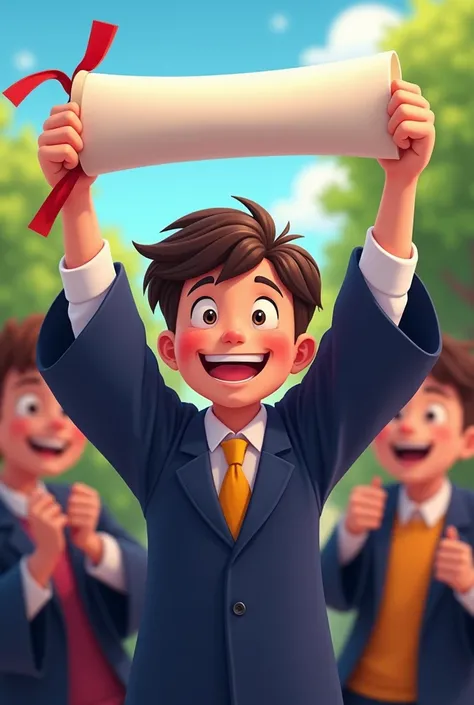 A elementary boy that is happy and wearing a graduation suit  and raising its diploma with his friends 