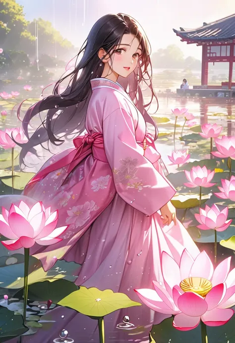   A beautiful girl with long dark hair  ,   wearing an ancient pink hanbok . ,   And the sun shines on her face   ,  A lotus flower is blooming in the background .  Water droplets are scattered in the air after the rain.