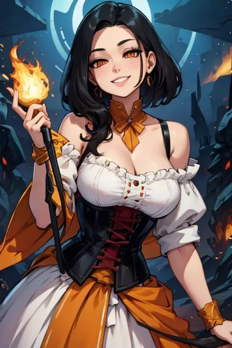 Perfect face. Perfect hands. A black haired woman with orange eyes in a corset dress is testing a sword in a workshop with a big smile