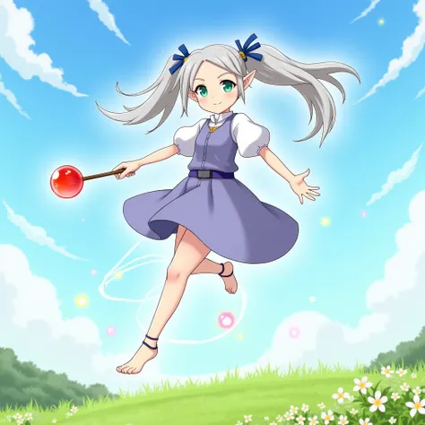 Frieren, grey_hair, twintails, elf, pointy_ears, long_hair, green_eyes, blue_eyes, meadow, flowers, blue sky, white clouds, magic wand, holding a wand, floating hair, looking at the viewer, flying over the meadow, magic circle, floating, magic wand with a ...